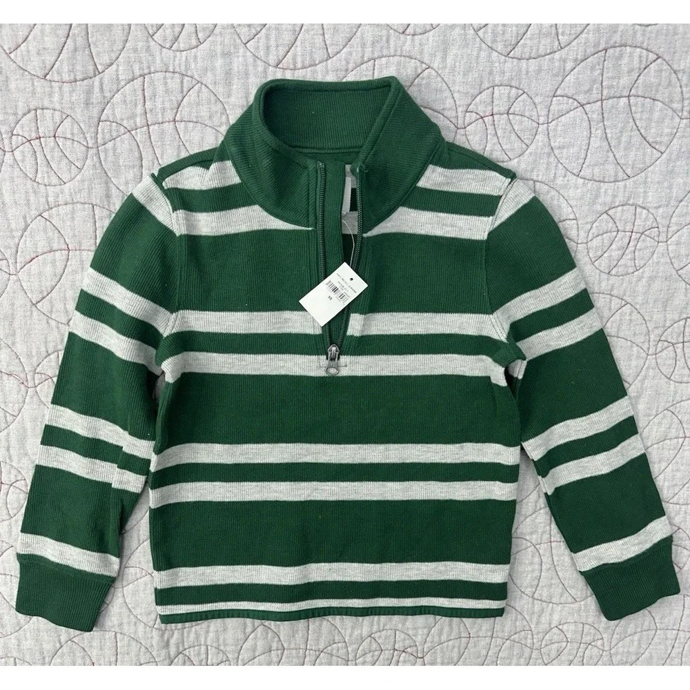 NWT GAP‎ Boys Half Zip Green White Stripe Sweater / Kids XS